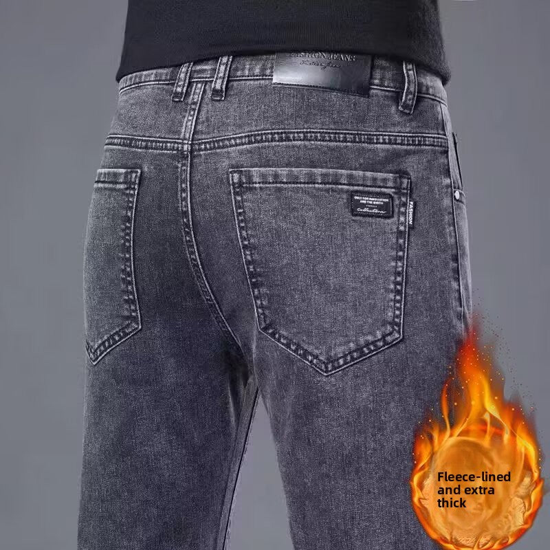 Men's jeans with fleece lining and thickened fabric
