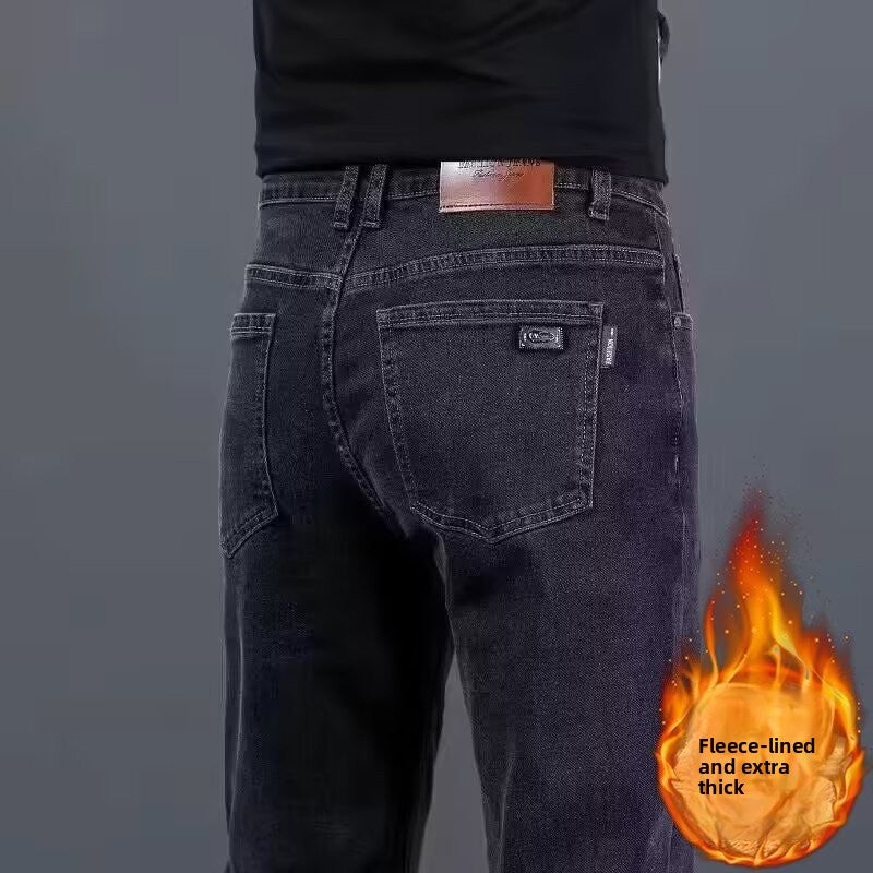 Men's jeans with fleece lining and thickened fabric