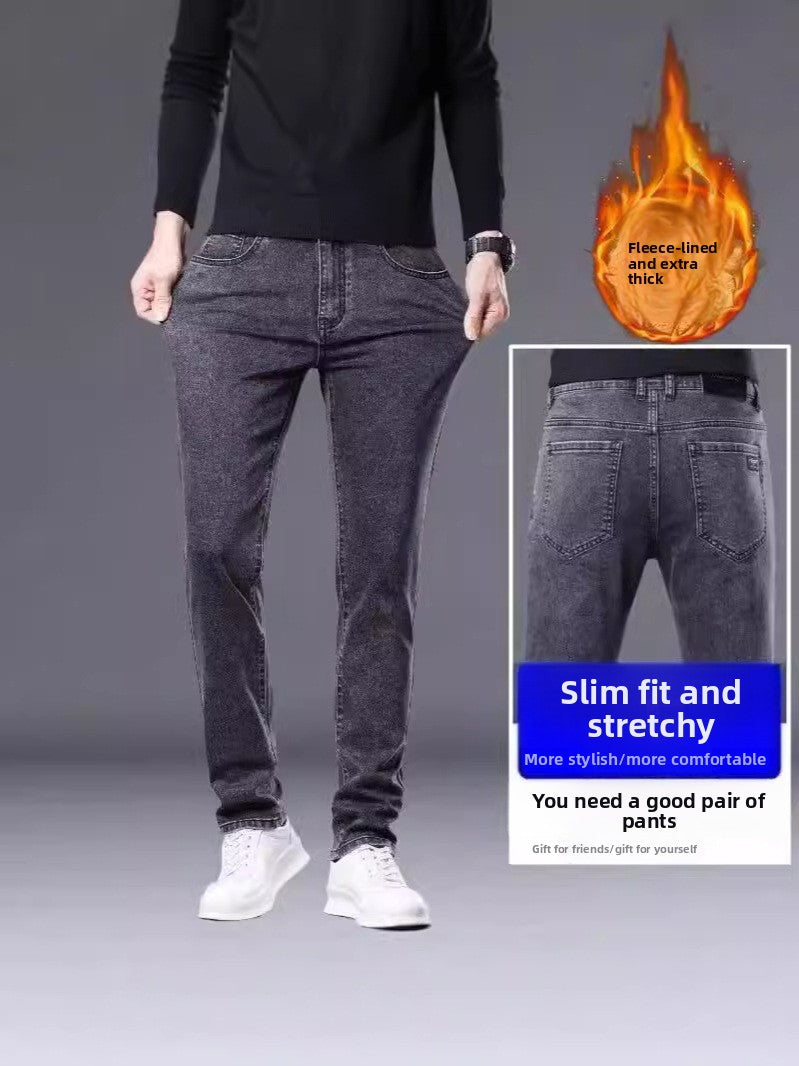 Men's jeans with fleece lining and thickened fabric