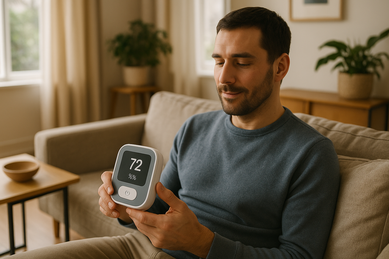 image of a man holding a wellness tracker machine sitting in the living room