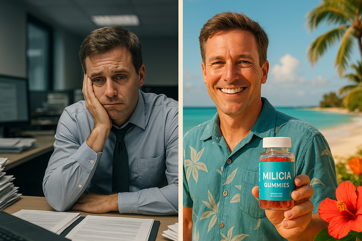 professional worker mood Left side: embarrassed, stressed, tired expression in office; right side: Hawaii island vacation, refreshed, smiling with Milicia gummies product in hand.